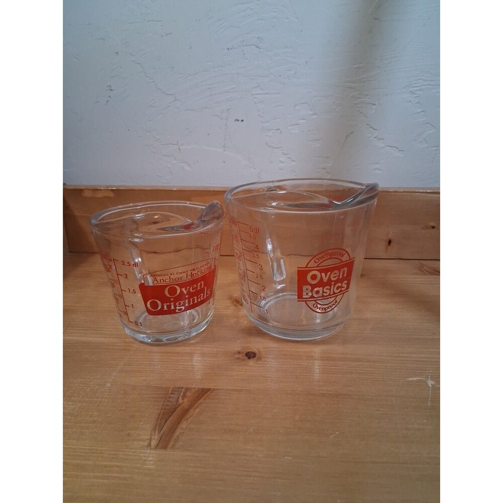 Measuring Cups Anchor Hocking Glass Red Letters  2 Cup & 1 Cup Lot Of 2 Vintage